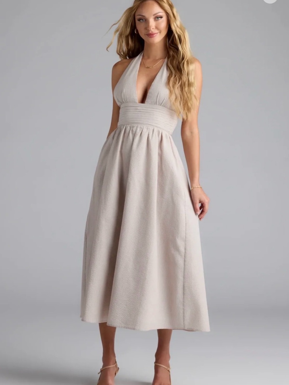 Windsor Cream Halter Midi Dress with Pleated Waist